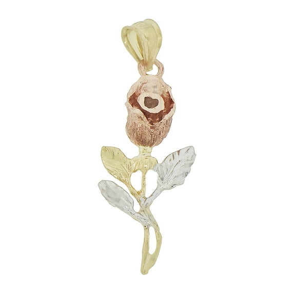 14k Tricolor Gold, Long Stem Rose Flower Pendant Charm 12mm