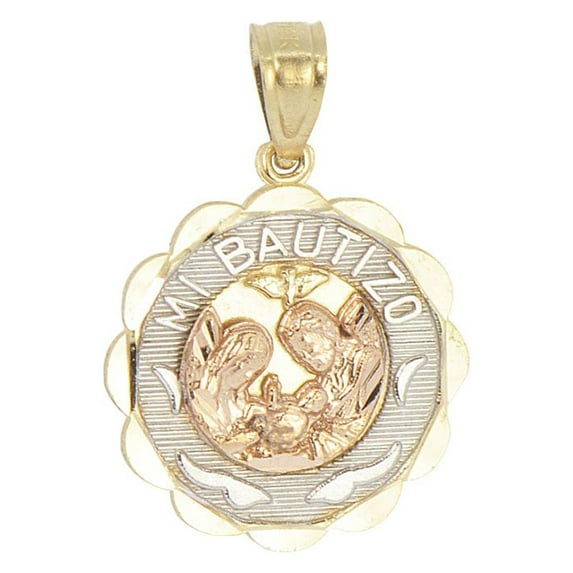 14k Tricolor Gold, Mi Bautizo Baptism Christening Medal Pendant Religious Charm Round 15mm with 16" Dainty Neck Chain