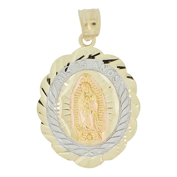 14k Tricolor Gold, Mis 15 Anos Quinceanera Virgin Mary Guadalupe Oval Pendant Religious Charm 18mm with 20" Dainty Neck Chain