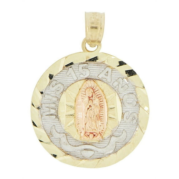 14k Tricolor Gold, Mis 15 Anos Quinceanera Virgin Mary Guadalupe Pendant Religious Charm 17mm