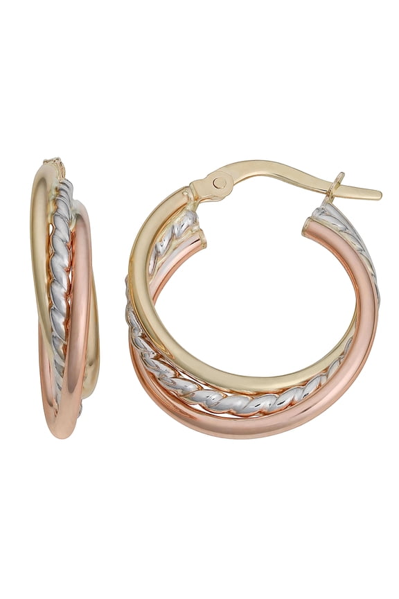 KoolJewelry 14k Tricolor Gold Overlapping Triple Hoop Earrings