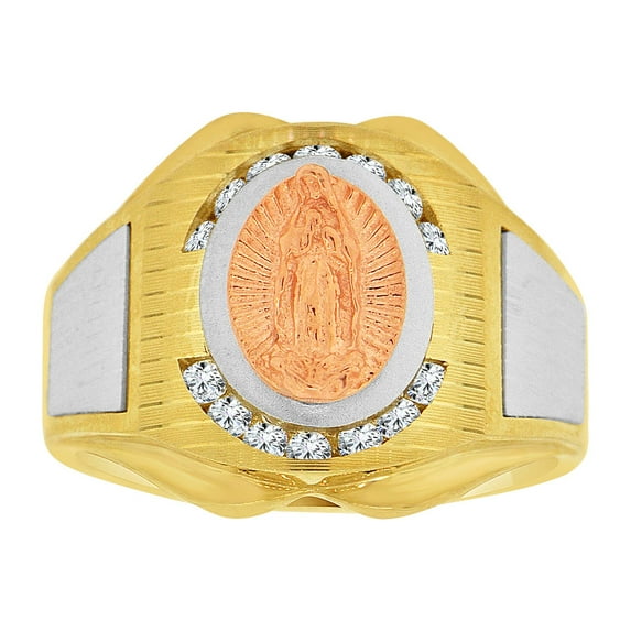 14k Tricolor Gold, Religious Virgin Mary Fancy Gent Ring Created CZ Crystals Size 11