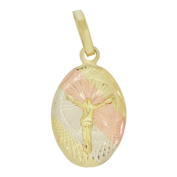14k Tricolor Gold, Small Christ Jesus Crucifixion Religious Pendant Round Charm 13mm with 18" Dainty Neck Chain