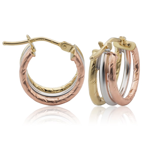 KoolJewelry 14k Tricolor Gold Small Diamond-cut Triple Hoop Earrings