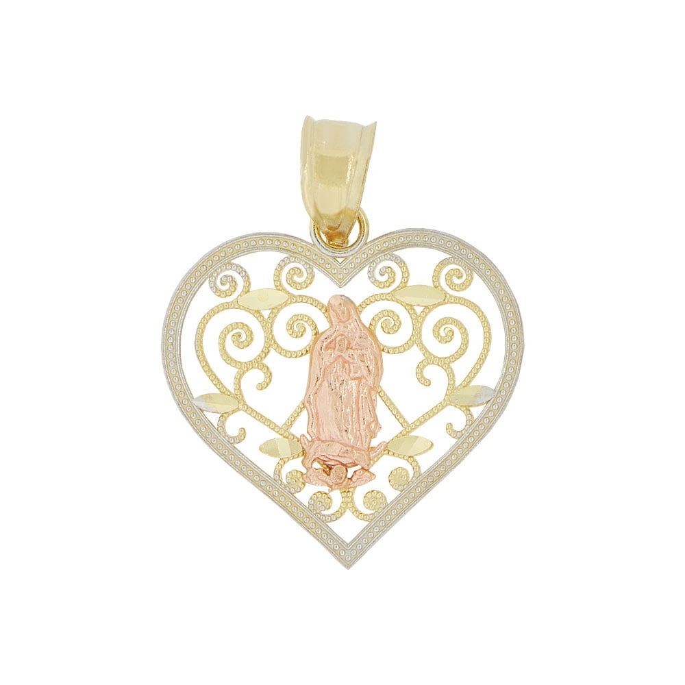 14k Tricolor Gold, Virgin Mary Heart Pendant Religious Charm Sparkly ...