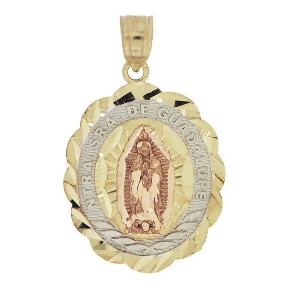 14k Tricolor Gold, Virgin Mary Ntra Sra De Guadalupe Pendant Religious Charm Oval 21mm with 16" Dainty Neck Chain