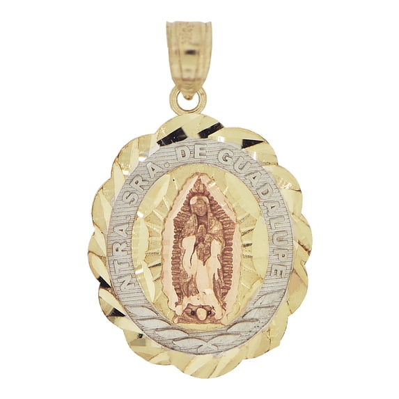 14k Tricolor Gold, Virgin Mary Ntra Sra De Guadalupe Pendant Religious Charm Oval Sparkly Cuts 18mm with 20" Dainty Neck Chain