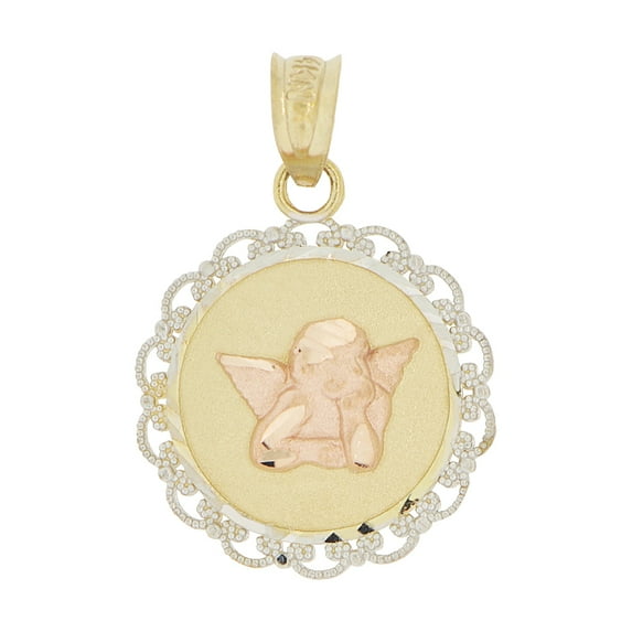 14k Tricolor, Thinking Angel Pendant Charm Round Medallion Filigree Border 15mm with 18" Dainty Neck Chain