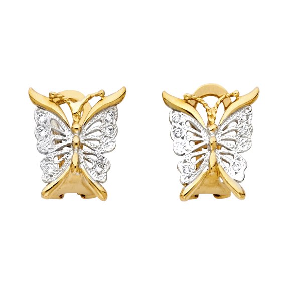 14k Two-Color Gold Butterfly Clear Cubic Zirconia Earrings w/ Clip Lock Jewelry Female Unisex