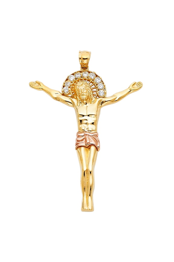 14k Two-Color Gold Crucifixion Jesus Christ Crucifix Pendant Blessed Charm Jewelry Female Unisex