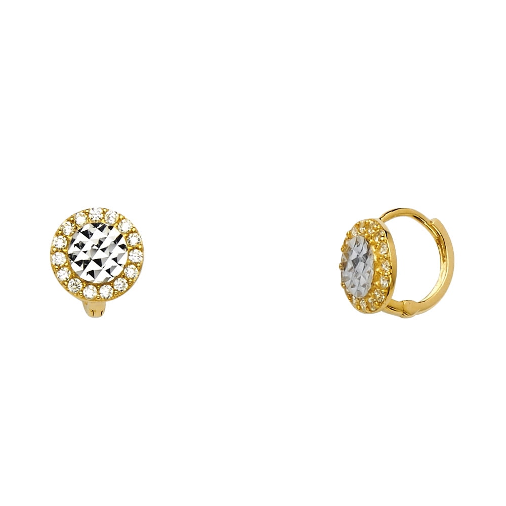 14k Two-Color Gold Diamond-Cut Circle Hoop Huggie Medallion Earrings Clear CZ Jewelry Female
