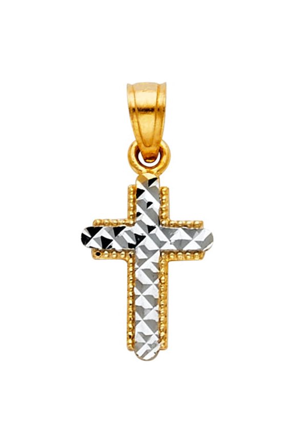 14k Two-Color Gold Diamond-Cut Cross Pendant Bead Border Jesus Charm Jewelry Female Unisex