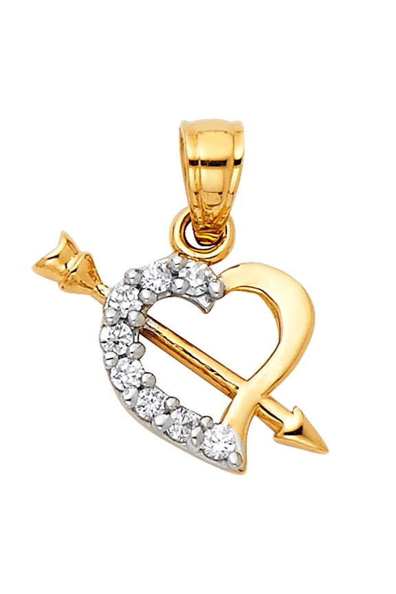 14k Two-Color Gold Gorgeous Heart with Cupids Arrow Pendant Clear CZ Charm Jewelry Female