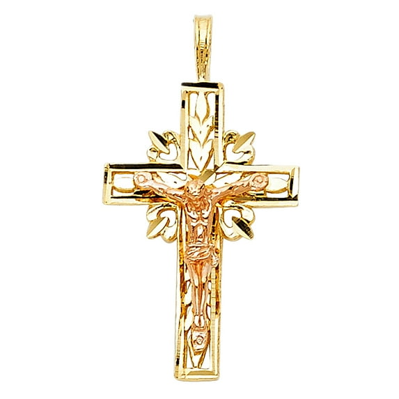 14k Two-Color Gold High Polished Cross Radiant 3D Crucifix Pendant Charm Jewelry Female Unisex