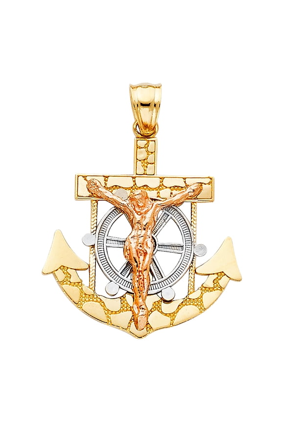 14k Two-Color Gold Mighty God Protect and Guide Sailors Crucifix Cross Pendant Jewelry Female Unisex