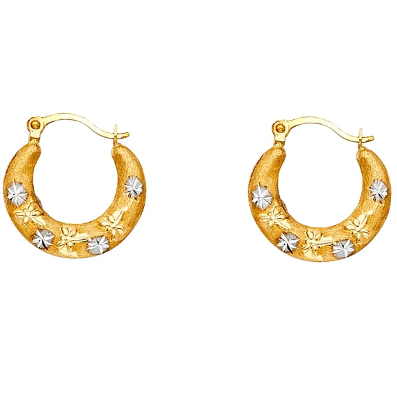 14k Two-Color Gold Star Studded Hoop Satin Finish Hinge Clasp Earrings Jewelry Female Unisex