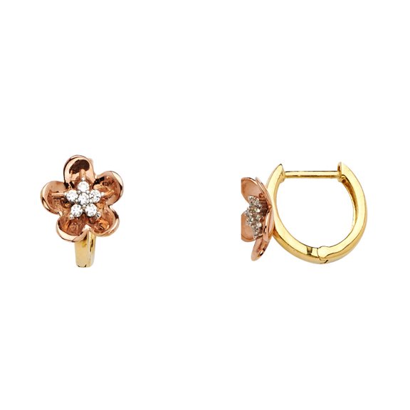 14k Two-Color Gold Studded Flower Huggie Huggie Hoop Shiny Plumeria Earrings Jewelry Female Unisex