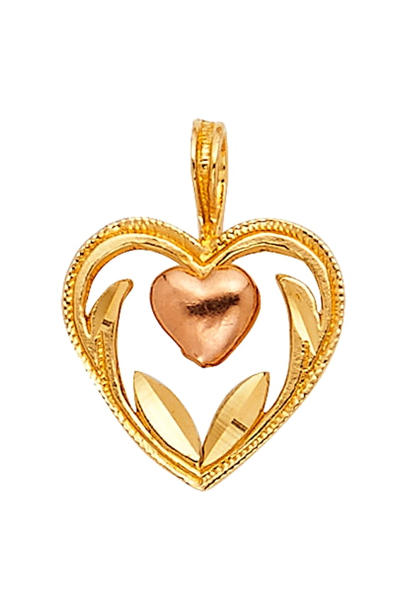 14k Two-Color Gold Stylish Precision-Cut Heart Pendant Diamond-Cut Elegant Charm Jewelry Female