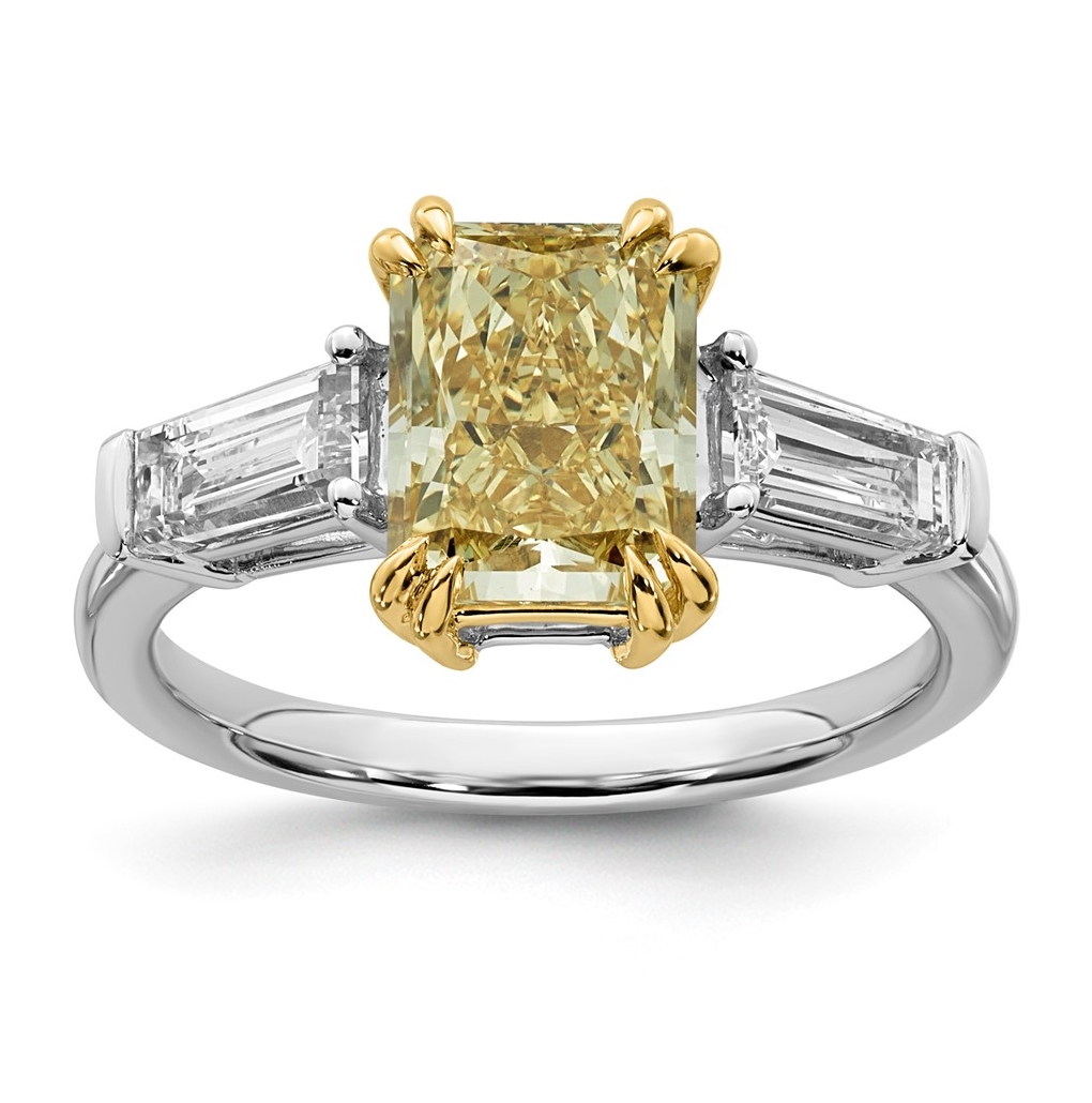 14k Two-Tone Gold 3 1/3ct Lab Grown Dia. Radiant VS+ Cert. Vivid Yellow ...
