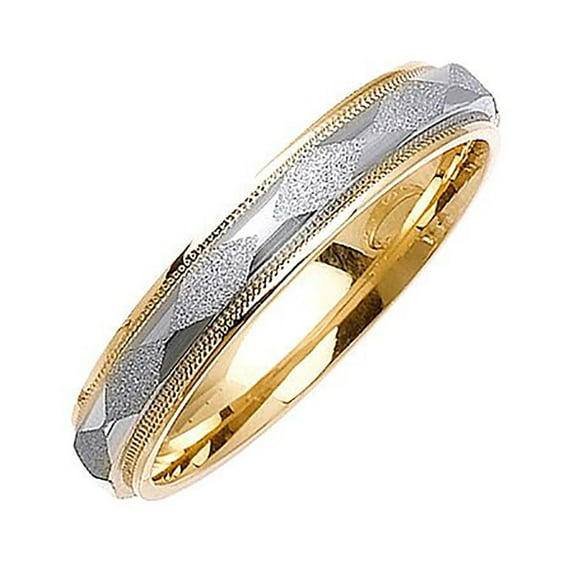 14k Two-Tone Gold 4MM Sand Stone finish Leaf Design Wedding Band Comfort fit Size 11.5