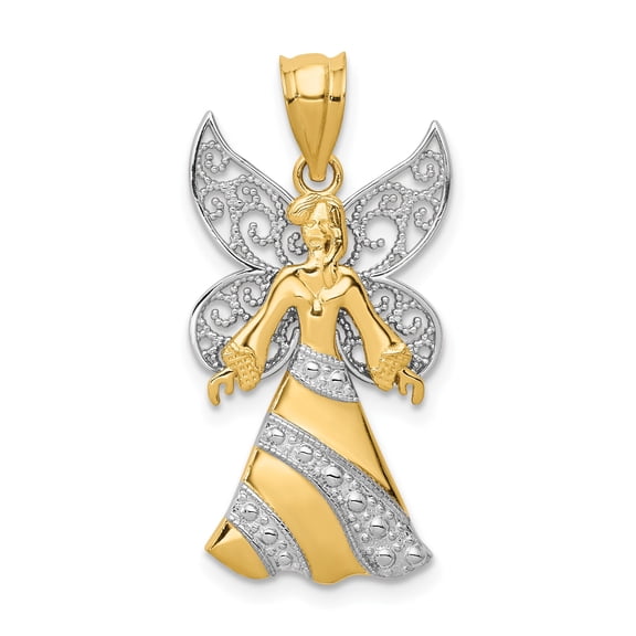14k Two-Tone Gold Angel Pendant Necklace for Women with Filigree Wings and Flowing Gown, Religious Christian Jewelry Symbolizing Faith and Protection