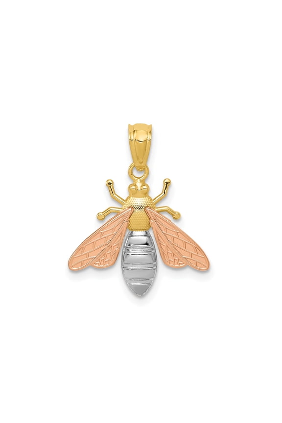 14k Two-Tone Gold Bee Pendant for Women with Yellow White Rose Detailing, Fine Insect Charm Symbolizing Nature, Hard Work, Harmony, Animal Jewelry Accessory