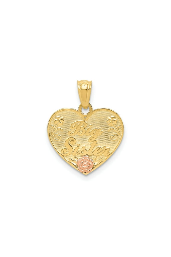 14k Two-Tone Gold Big Sister Heart Pendant Necklace for Women with Rose Design, Floral Accents, Sentimental Sibling Jewelry, Family Love Keepsake