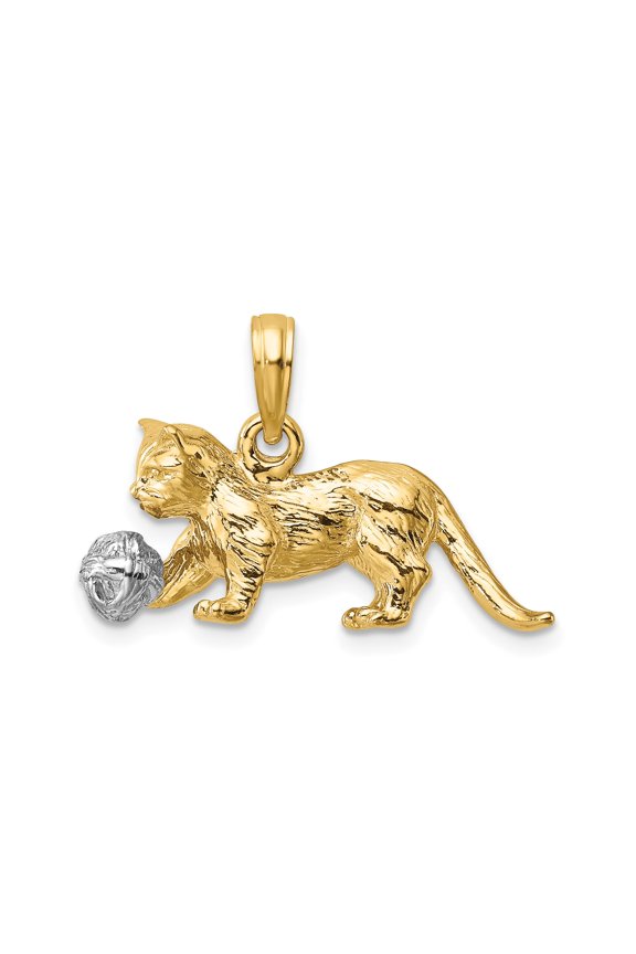 14k Two-Tone Gold Cat Pendant for Women with Yellow Gold Kitten and White Gold Yarn Ball, Playful Pet Lover Animal Charm Necklace, Fine Feline Jewelry