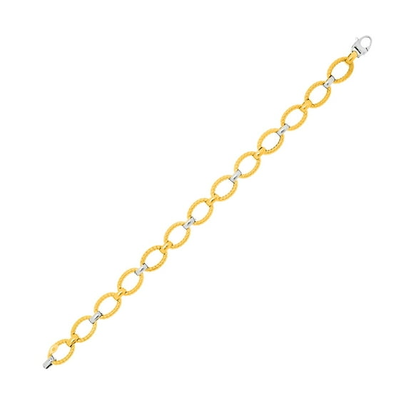 14k Two-Tone Gold Chain Bracelet with Textured Oval Links 7.5 in