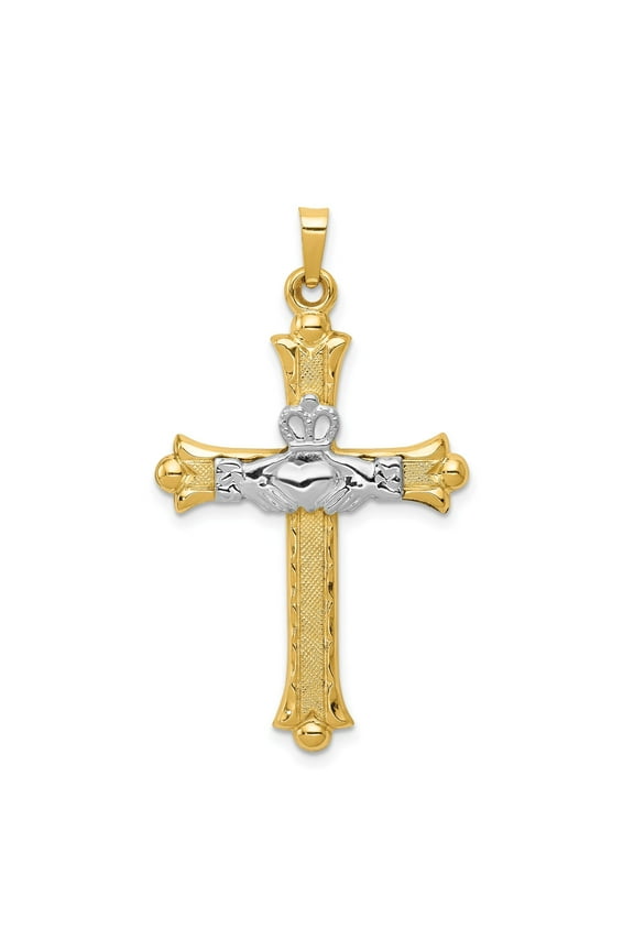 14k Two-Tone Gold Claddagh Cross Pendant for Men or Women, Irish Celtic Necklace with Heart Crown Symbol, Religious Catholic Jewelry Representing Love Loyalty Faith