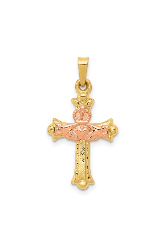 14k Two-Tone Gold Claddagh Cross Pendant for Women, Celtic Christian Patonce Design with Heart Crown Hands, Irish Religious Jewelry Symbol of Faith Love Loyalty