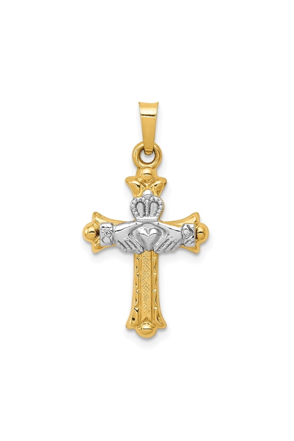 14k Two-Tone Gold Claddagh Cross Pendant for Women, Celtic Christian Religious Necklace, Irish Heritage Symbol of Love Loyalty and Faith