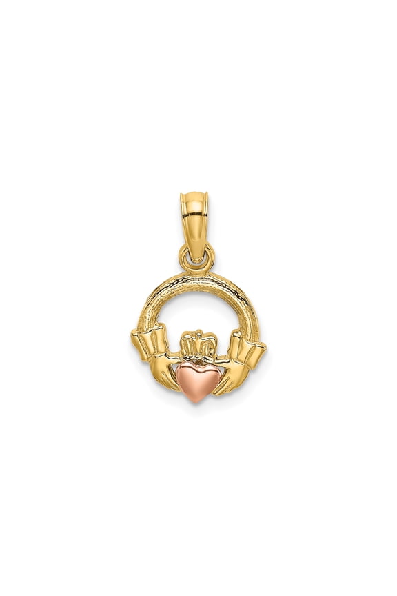 14k Two-Tone Gold Claddagh Pendant for Women with Rose Gold Heart, Irish Celtic Necklace with Hands Crown Design, Symbol of Love Loyalty and Heritage