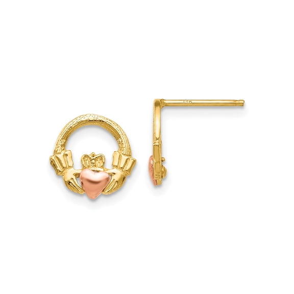 14k Yellow and Rose Gold Claddagh Stud Earrings, Celtic Irish Jewelry for Women