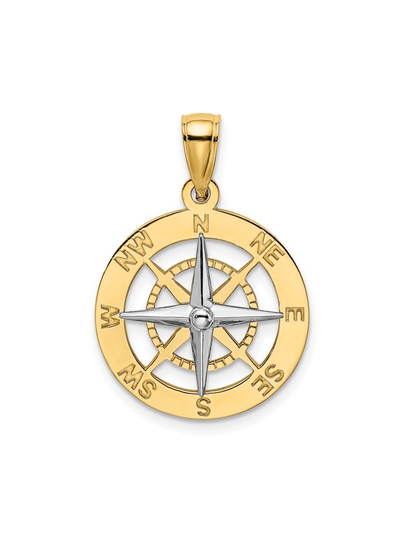 14k Two-Tone Gold Compass Pendant Necklace for Men and Women with Nautical Design, Spiritual Direction Symbol, Traveler Jewelry Charm in Fine Polished Style