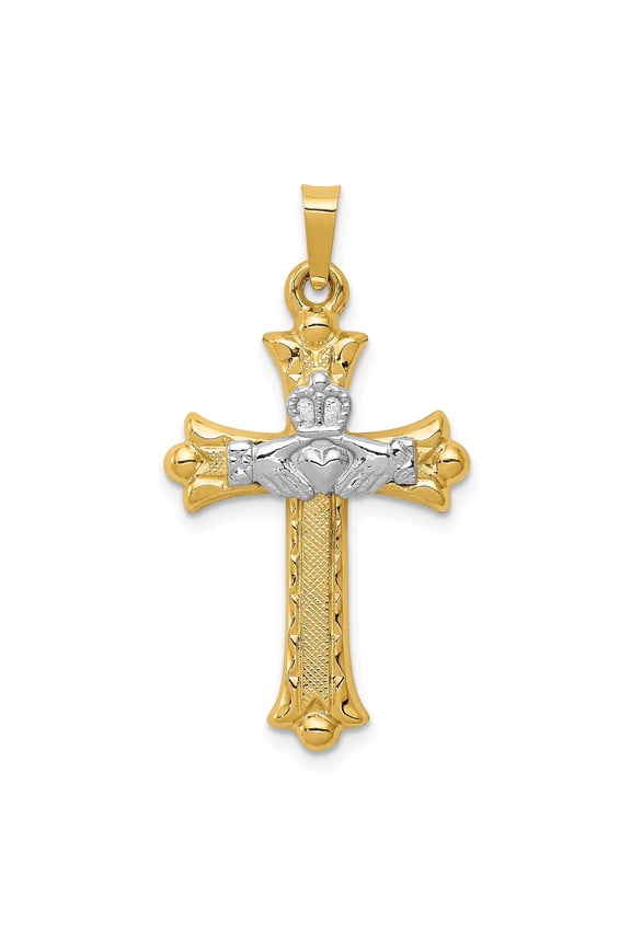 14k Two-Tone Gold Cross Pendant with Claddagh Symbol, Celtic Christian Jewelry for Women, Irish Heritage Faith Necklace, Love Loyalty Friendship Design