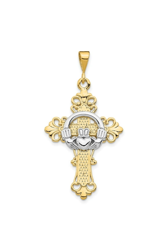 14k Two Tone Gold Cross Pendant Necklace for Men and Women with Patonce Claddagh Design Celtic Religious Symbol and Artistic Spiritual Statement Jewelry for Everyday or Special Occasions