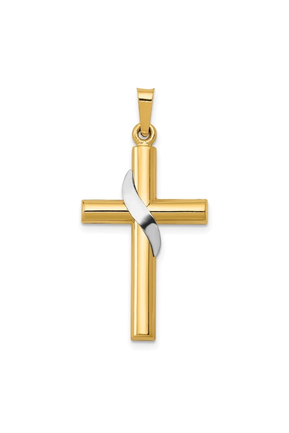 14k Two-Tone Gold Cross Pendant with Yellow Base and White Accent for Men or Women, Religious Christian Necklace for Baptism, Confirmation, Catholic Faith Jewelry