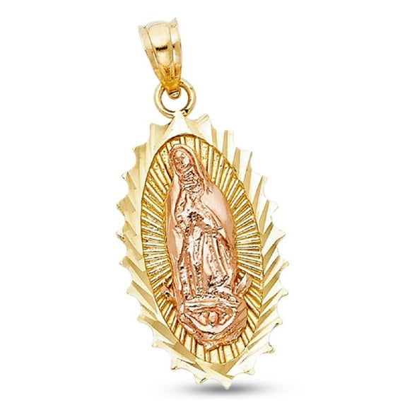 14k Two Tone Gold Diamond Cut Lady Guadalupe Virgin Mary Medallion Pendant Charm Religious Genuine Solid 25 mm x 15 mm