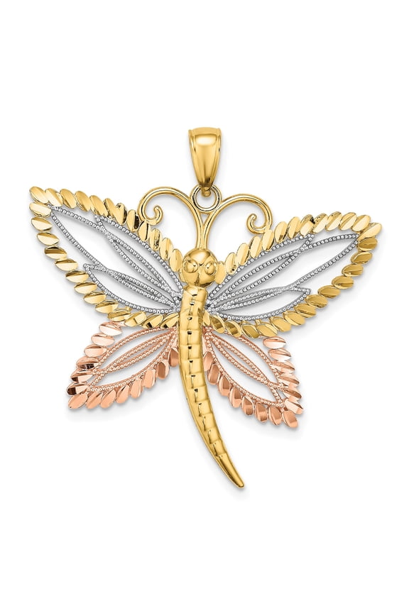 14k Two-Tone Gold Dragonfly Pendant for Women, Tri-Color Yellow White Rose Gold Insect Symbolic Necklace, Nature Inspired Fine Jewelry with Beaded Wings, Elegant Transformation Accessory