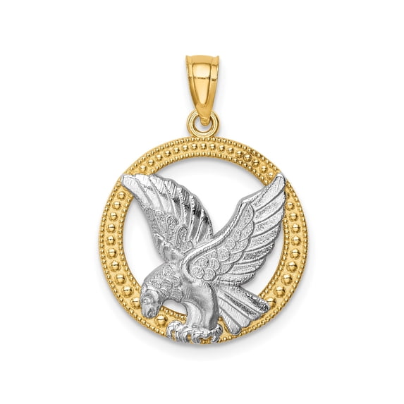 14k Two-Tone Gold Eagle Pendant for Men, Yellow and Rhodium Bald Eagle Necklace in Textured Circle, Patriotic Jewelry Symbolizing Strength, Freedom, Military Pride