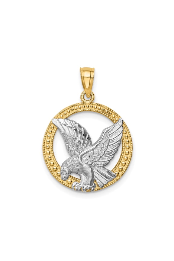 14k Two-Tone Gold Eagle Pendant for Men, Yellow and Rhodium Bald Eagle Necklace in Textured Circle, Patriotic Jewelry Symbolizing Strength, Freedom, Military Pride