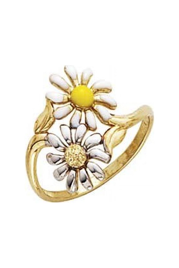 14k Two-Tone Gold Enamel Double Flower Ring - 2.1 Grams - Size 7.0