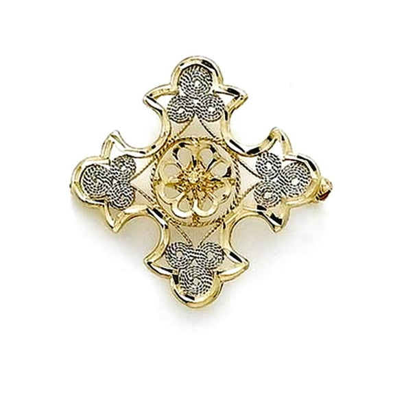 14k Solid Gold Two-Tone Fancy Religious Faith Cross Pin Brooches and Pin for Women - 3.1 Grams