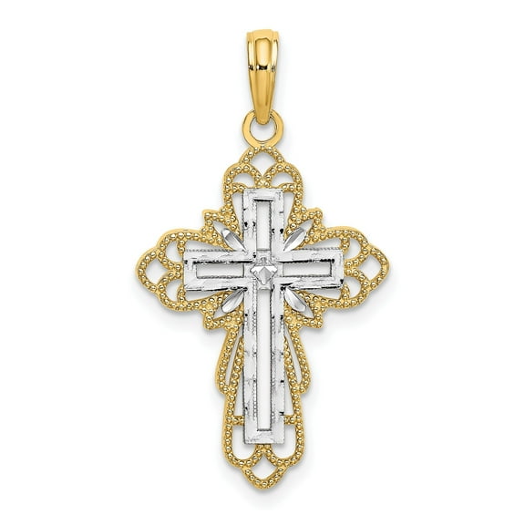 14k Two Tone Gold Filigree Cross Pendant Necklace for Men and Women with Beveled Edges Openwork Design and Textured Finish for Elegant Faith Style