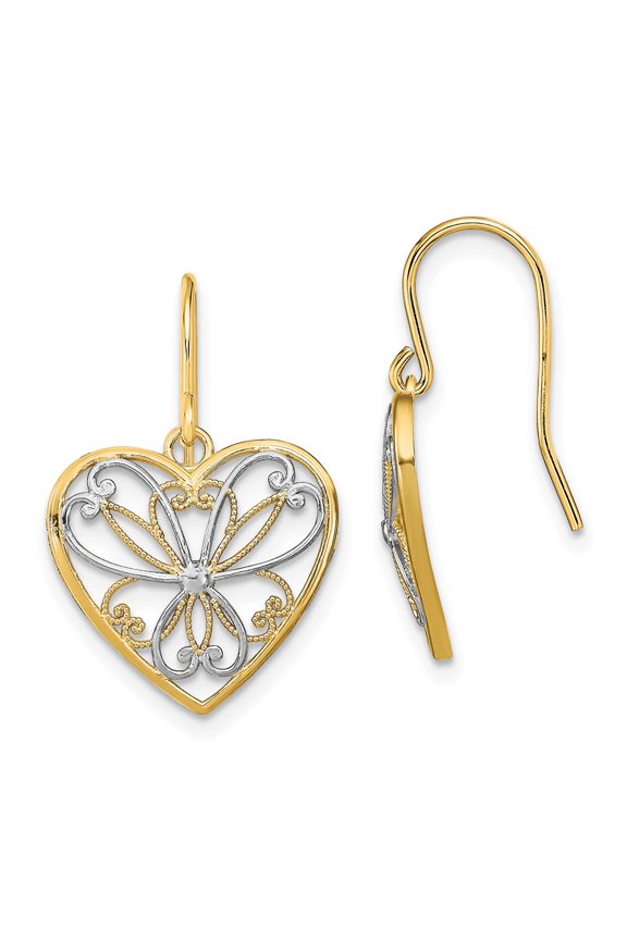 14k Two Tone Gold Filigree Heart Shepherd Hook Earrings Fine Jewelry For Women Gifts For Her