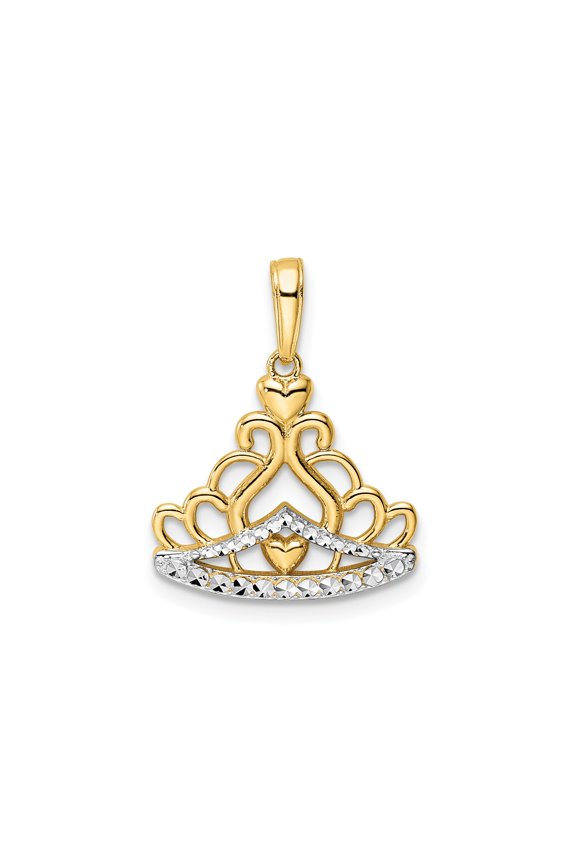 14k Two-Tone Gold Heart Crown Pendant for Women, Yellow and Rhodium Openwork Tiara Design with Diamond-Cut Accents, Romantic Regal Style Fine Jewelry