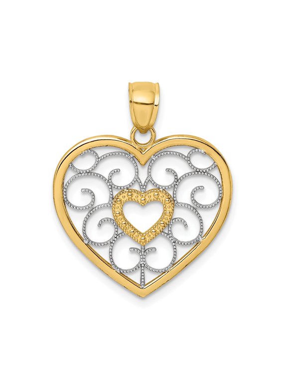 14k Two-Tone Gold Heart Pendant Charm with Scroll Filigree, Polished, for Women