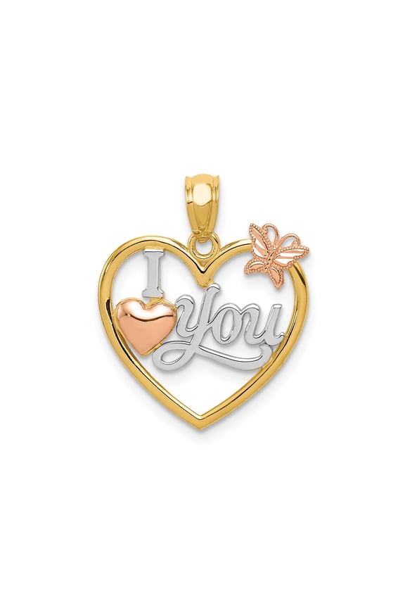 14k Two-Tone Gold Heart Pendant Necklace for Women with I Love You Script, Rose Gold Butterfly Accents, Romantic Symbol of Love and Affection, Feminine Anniversary Jewelry