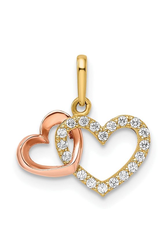 14K Two-Tone Gold Two Hearts CZ Pendant, Polished Shared-Prong, 14.6 mm